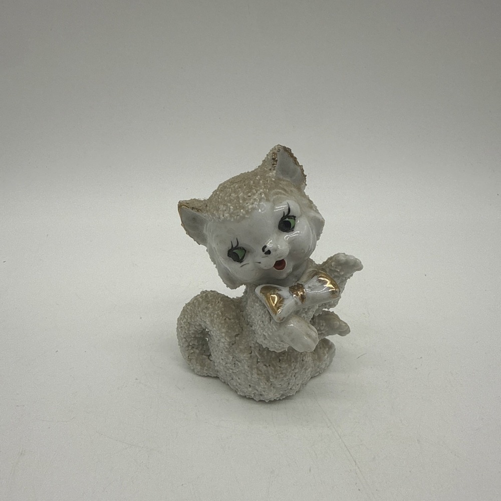 Spaghetti Sugar Texture White Cat Kitten Figurine Gold Bow Kitschy Vintage Japan